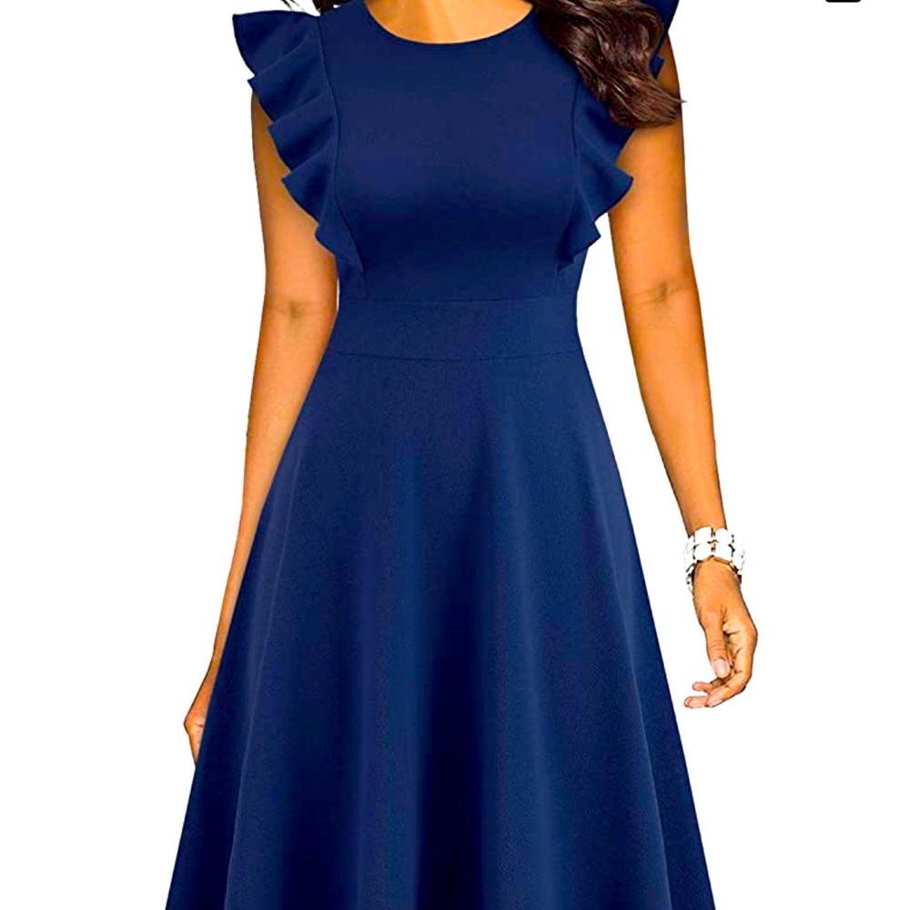 NWT.      IHOT YATHON Women’s Ruffle Flare Dress Navy Medium